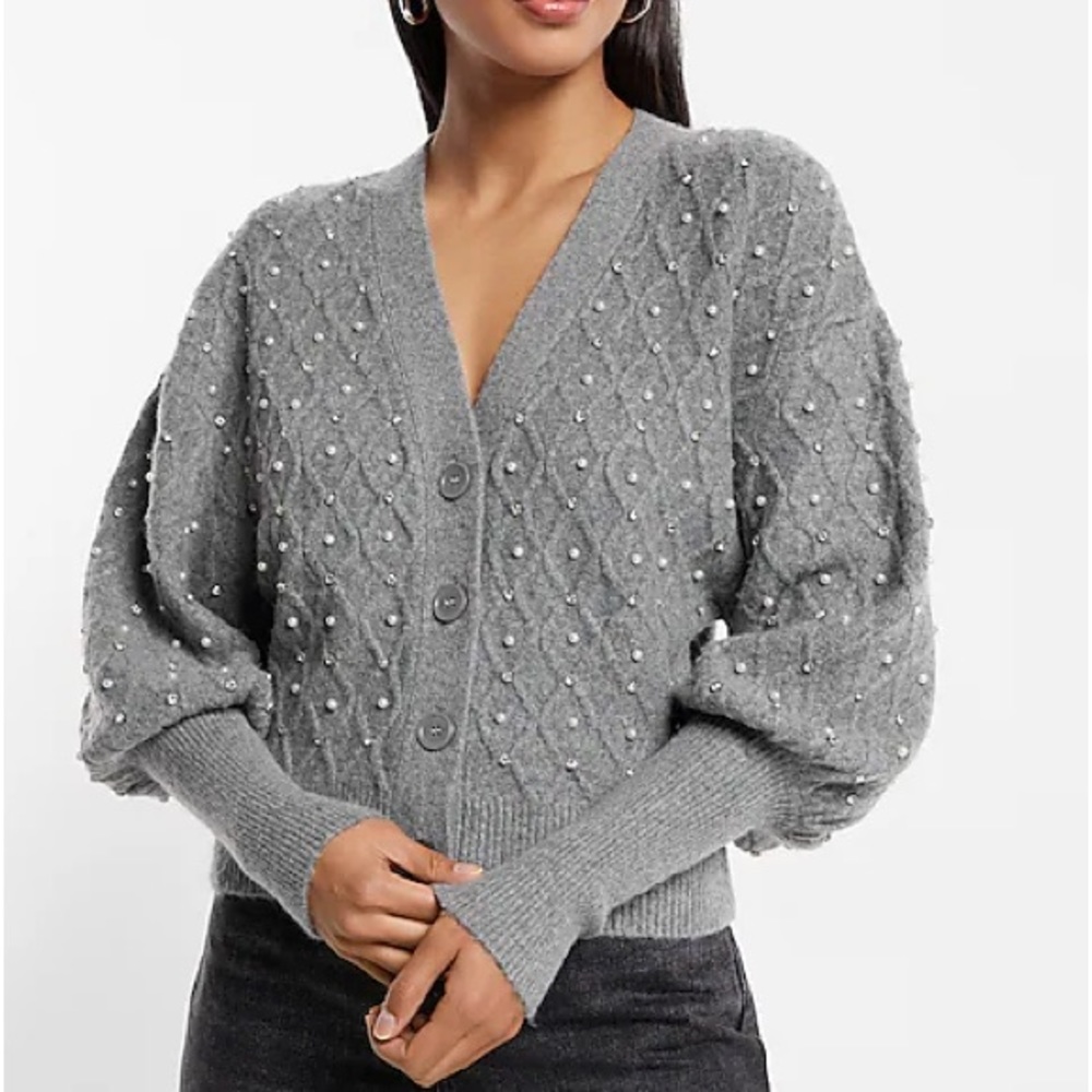 Express Embellished V-Neck Balloon Sleeve Cardigan